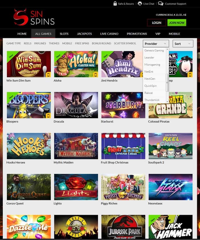 sin spins casino review